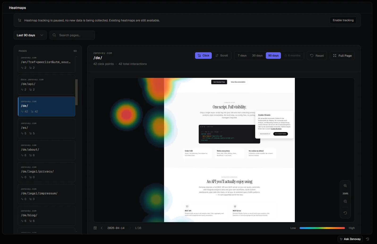 A click-and-scroll heatmap of a landing page, with attention concentrated near the top headline and the main call to action and fading further down the page