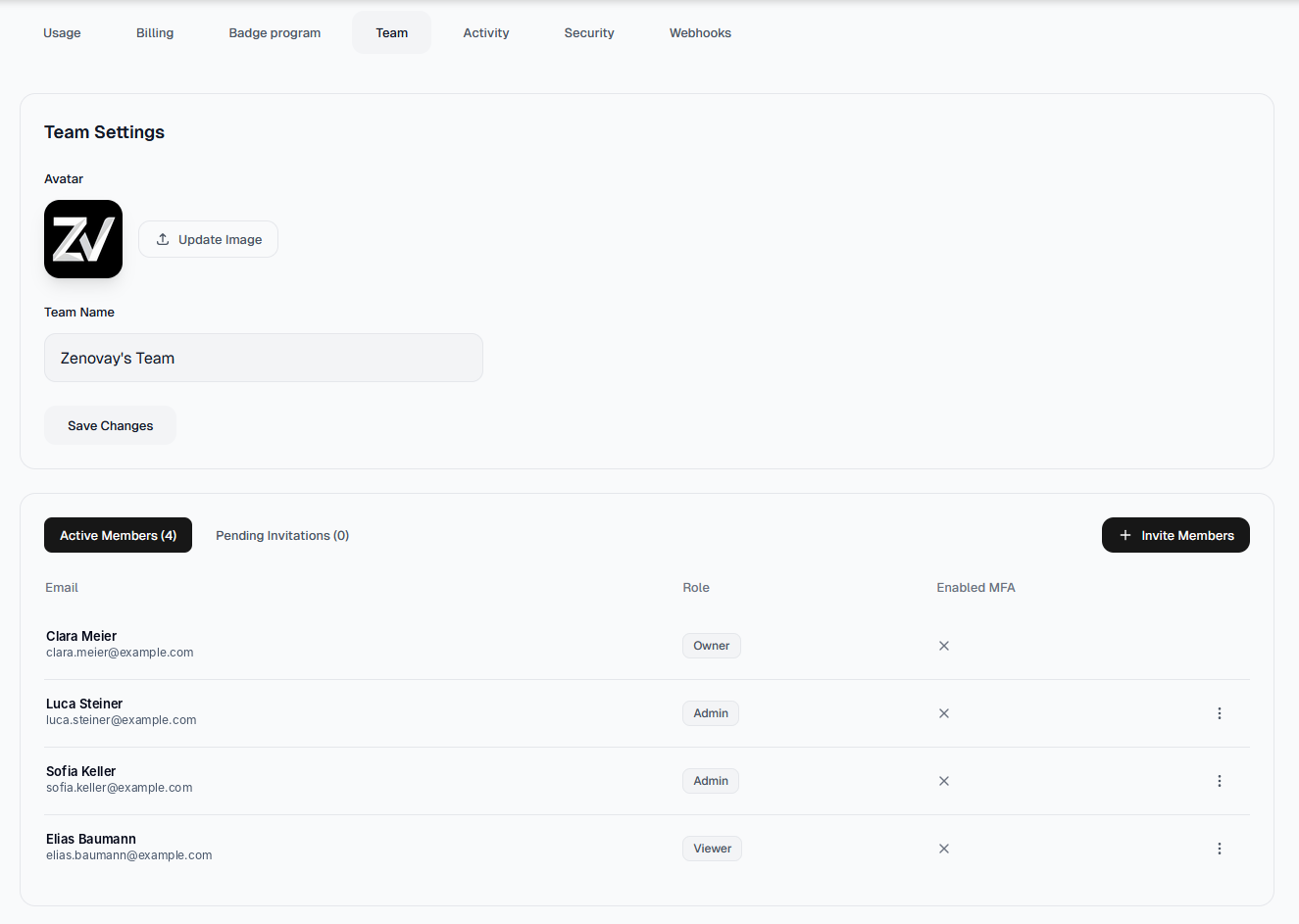 Zenovay Team Settings — manage roles, MFA, and members